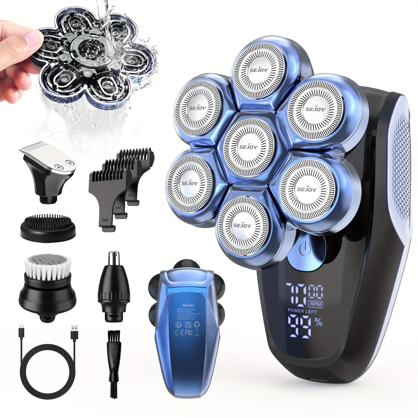 Electric Head Shaver for Bald Men 7D 7 Floating Heads – All-in-One Grooming Kit with Nose Hair Trimmer & Facial Cleaning Brush