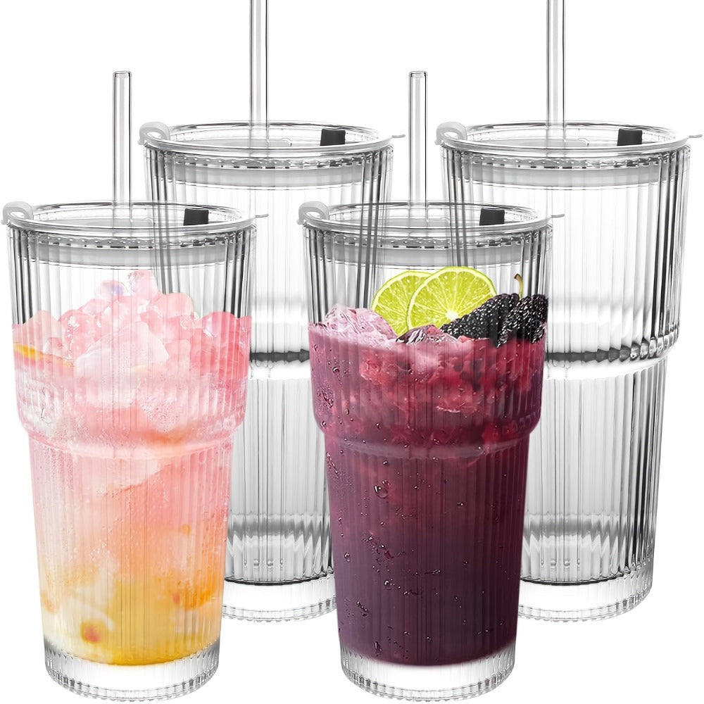Striped Drinking Glasses with Lids and Glass Straws, 19-Ounce Tumblers in Two- or Four-Piece Sets