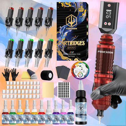 Wireless Tattoo Pen Kit Cordless Tattoo Gun with Power Supply 10 Cartridge Needles 6 Color Inks LCD Screen