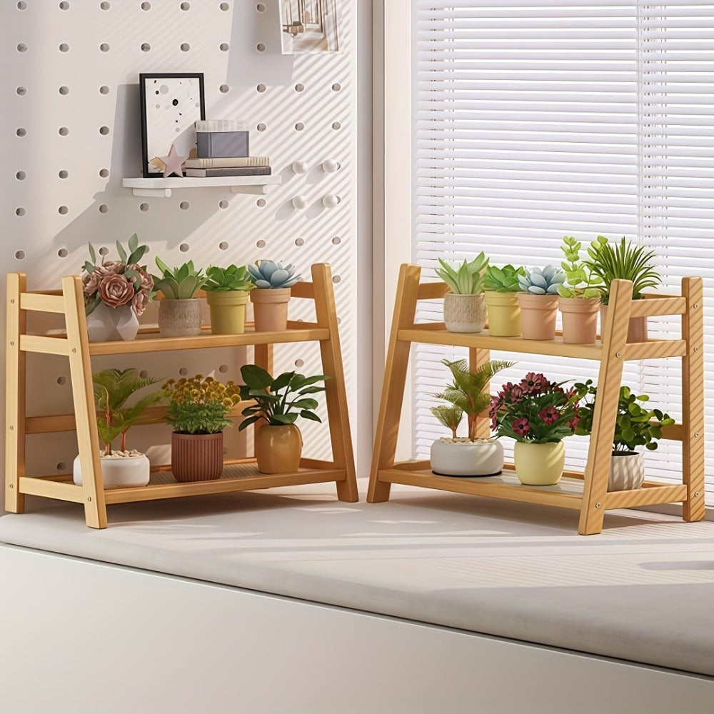 Bamboo Countertop Shelf Organizer 2-Tier – Trapezoidal Wooden Storage Rack for Kitchen Office Bedroom and Desk