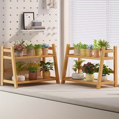 Bamboo Countertop Shelf Organizer 2-Tier – Trapezoidal Wooden Storage Rack for Kitchen Office Bedroom and Desk