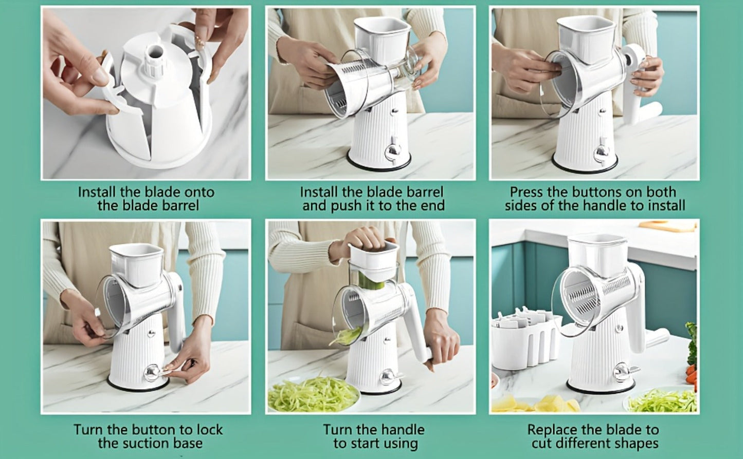 Rotary Cheese Grater with Interchangeable Blades, 5-in-1 Manual Vegetable Slicer Shredder Set, Suction Cup Base