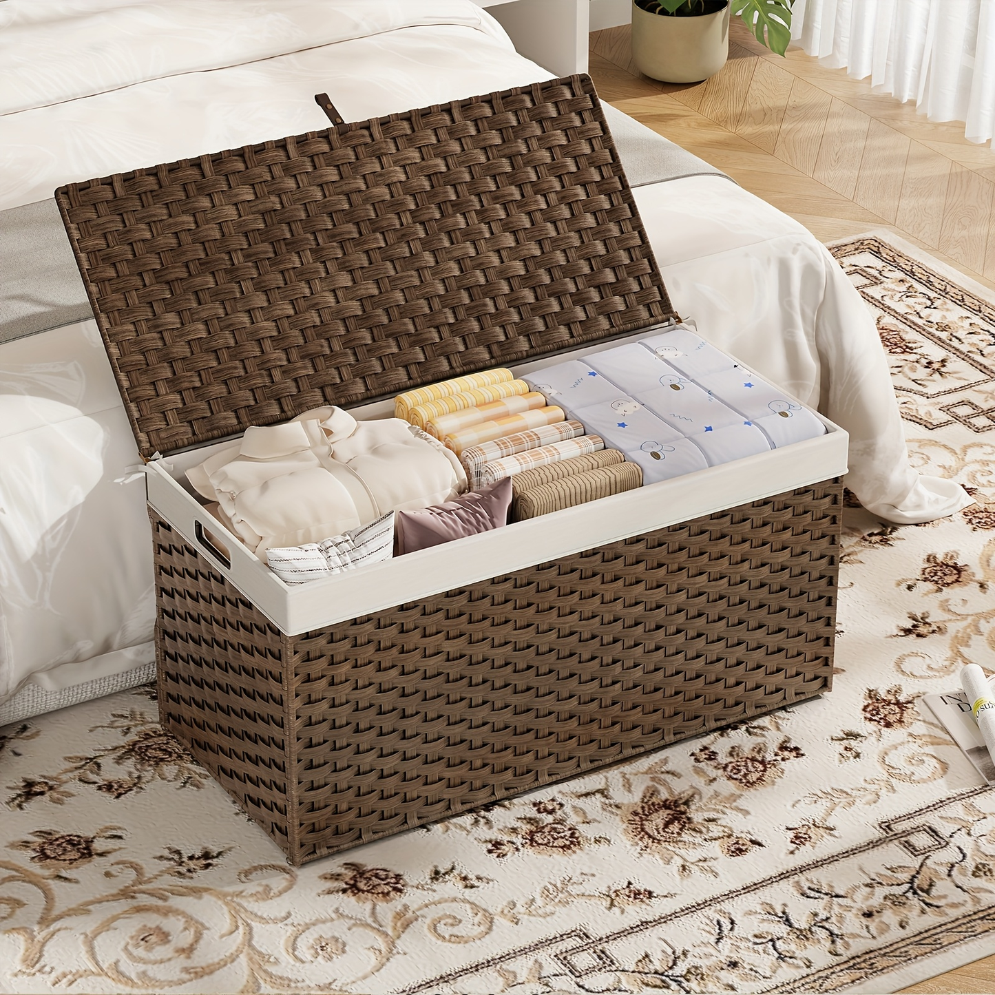 Large Wicker Storage Basket with Lid, Handles, Soft Lining, Metal Frame in a 220L Lidded Format