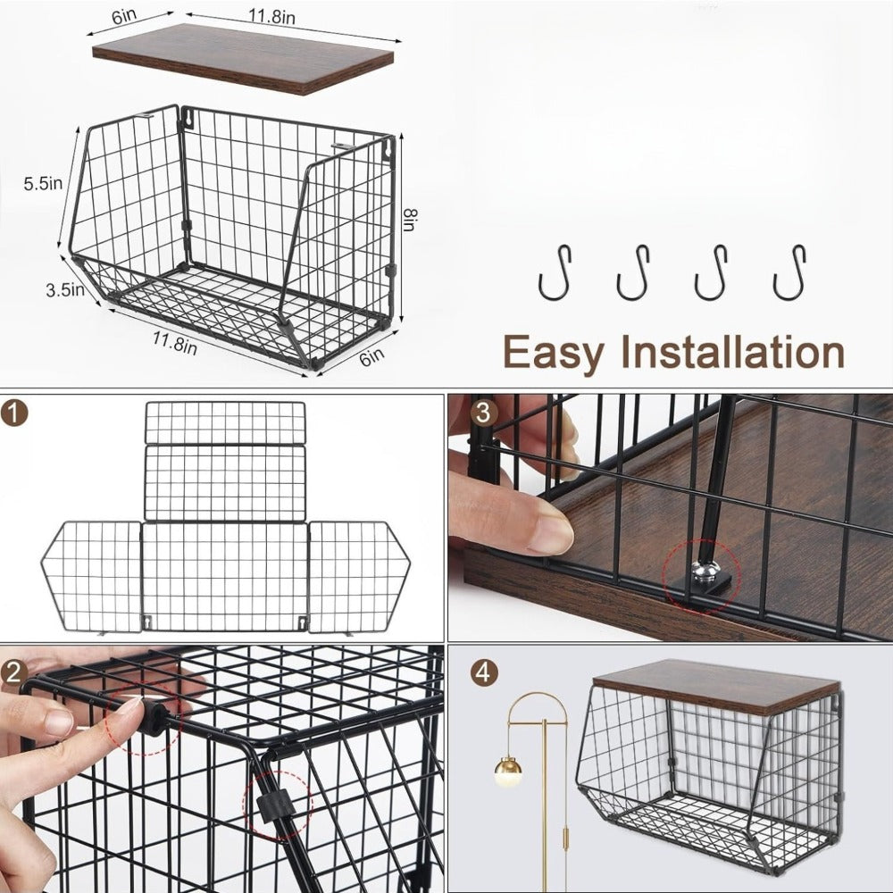 Wall-Mounted Fruit Basket with Wooden Cover – 2-Tier Metal Kitchen Storage Basket with Hooks, Stackable Hanging Organizer for Potatoes