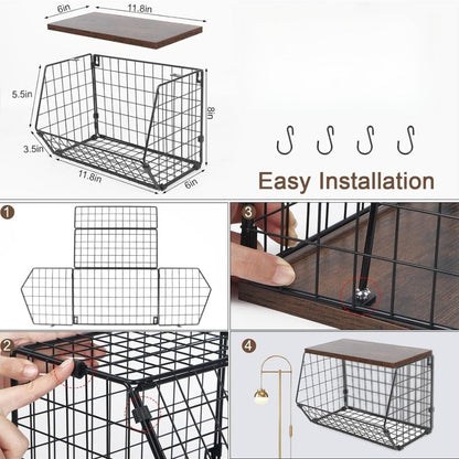 Wall-Mounted Fruit Basket with Wooden Cover – 2-Tier Metal Kitchen Storage Basket with Hooks, Stackable Hanging Organizer for Potatoes