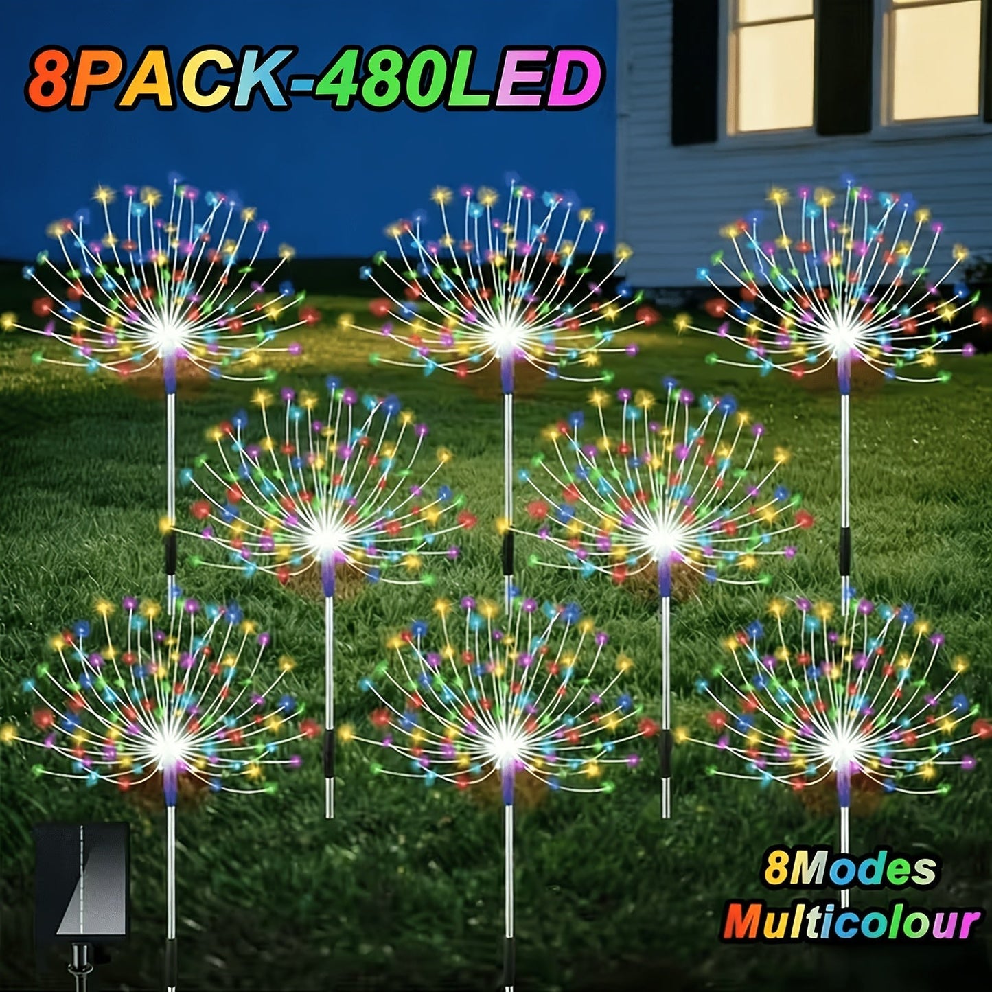 Solar Garden Lights Firework Stakes with 240/360/480 LEDs, 8 Modes, 4/8 Packs and Three Colors