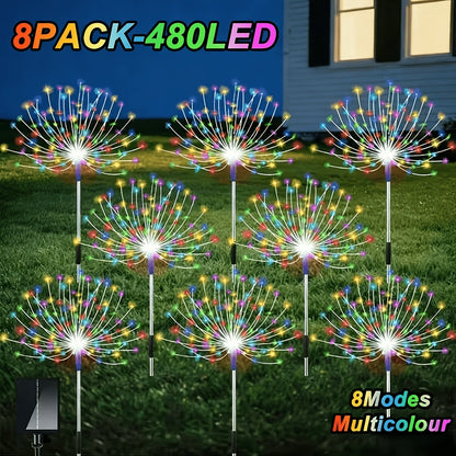Solar Garden Lights Firework Stakes with 240/360/480 LEDs, 8 Modes, 4/8 Packs and Three Colors