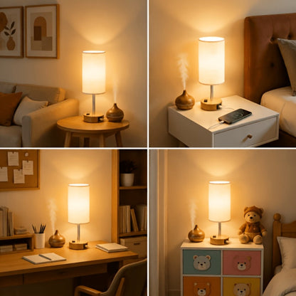 Table Lamp HOODINK with Cylindrical Shade, 3-Way Touch Dimming, USB-A, USB-C, AC Outlet and One or Two-Pack Options
