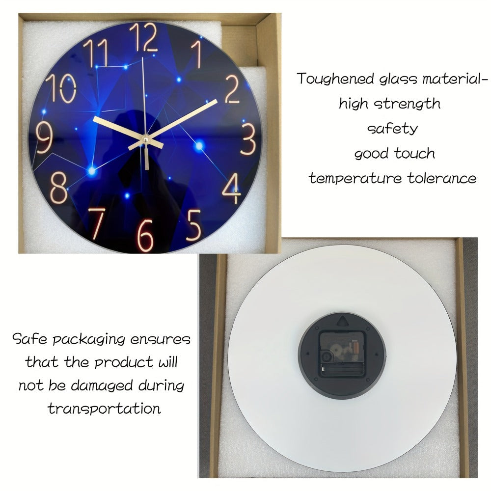 Blue Glass-Face Wall Clock with Gold-Tone Numerals, Quartz Movement and Five Diameter Options from 12 to 24 Inches