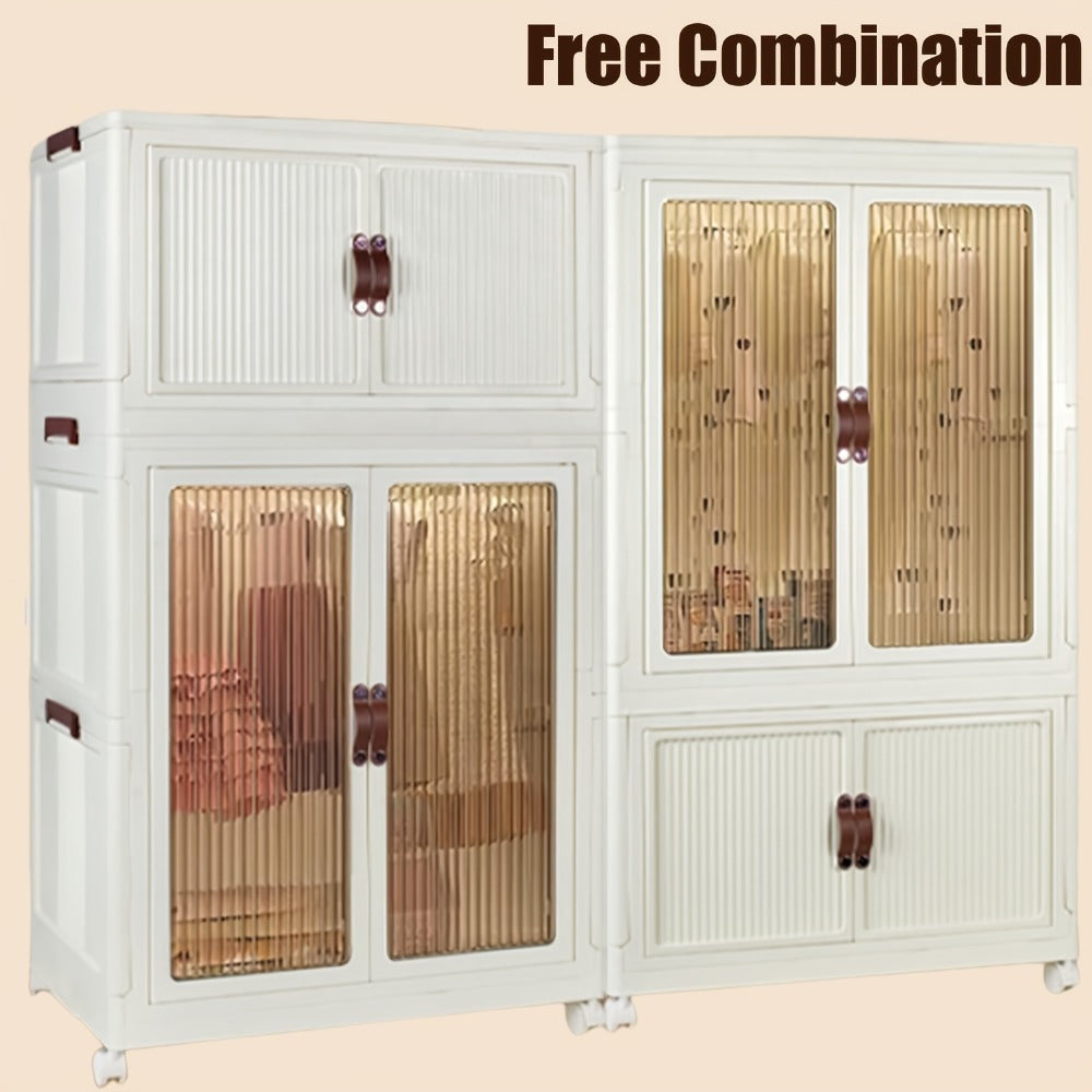 Portable Closet Wardrobe with Wheels & Hanging Rod, Foldable Clothes Cabinet with Doors, 10 Hangers