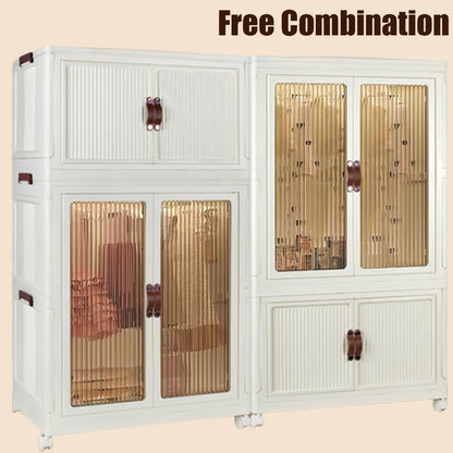 Portable Closet Wardrobe with Wheels & Hanging Rod, Foldable Clothes Cabinet with Doors, 10 Hangers