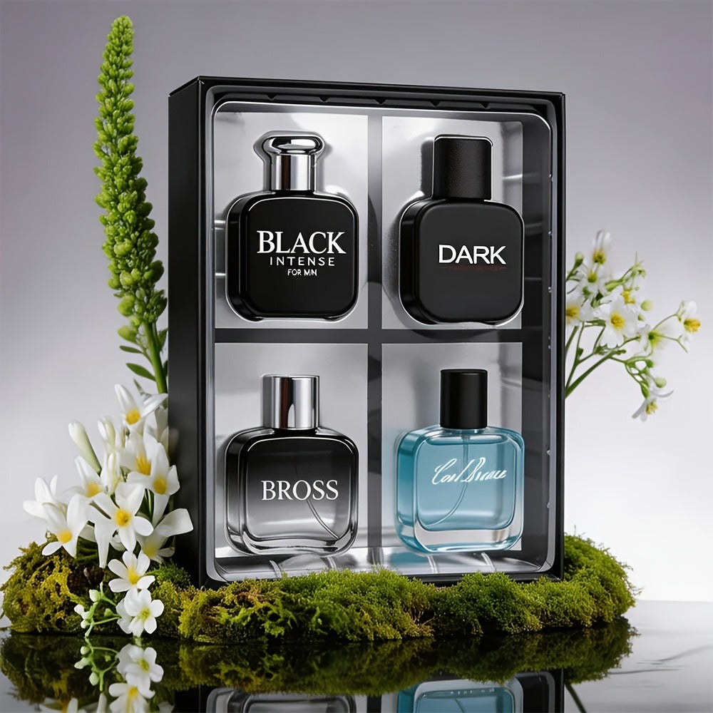 Perfume Gift Set for Men with Four 30ml Eau de Parfum Sprays in Black Box and Separate 1.5oz Body Mist