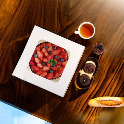 Ten White Cake Box Sets with Clear Windows, Red Ribbon, Round Boards and 10 x 10 x 5-Inch Size