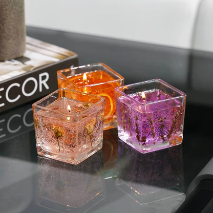550g Floral Inlay Candle in Approximate 8 x 8cm Square Glass Jar, Single Wick and Two Styles