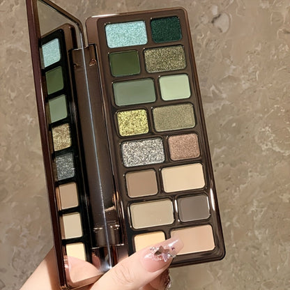 Eyeshadow Palette 16-Shade Brown and Green Compact with Matte, Shimmer and Glitter Finish Mix