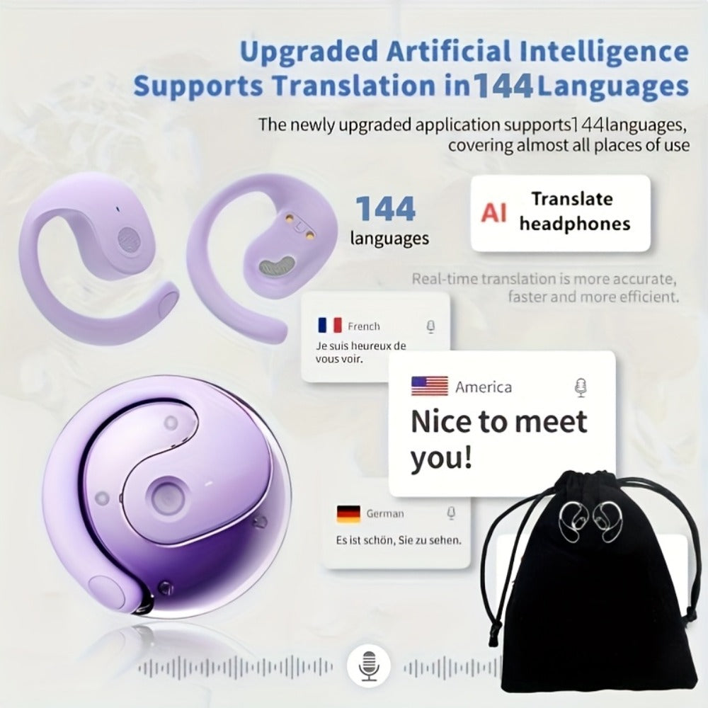144-Language AI Real-Time Translation Earbuds, Two-Way Interpreter Earphones USB & Battery Rechargeable with Carrying Pouch