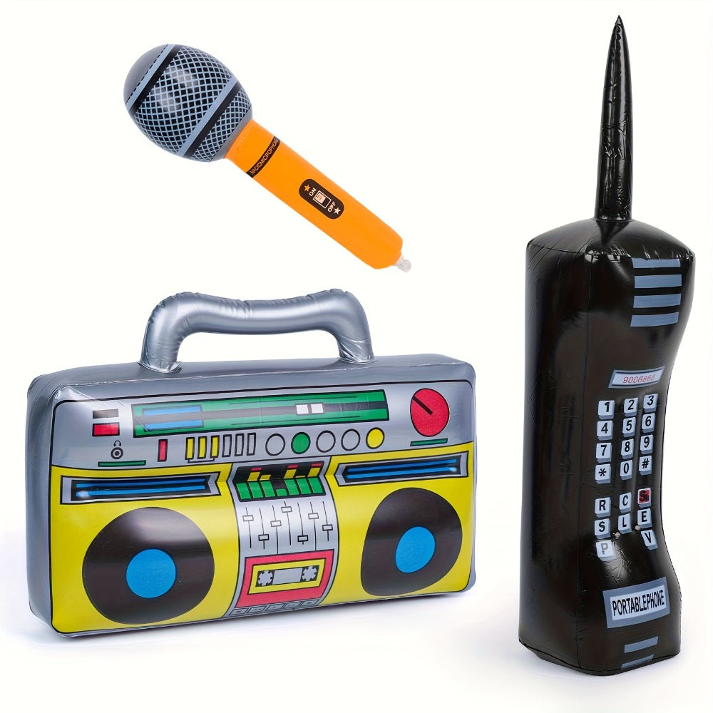Inflatable Party Props 3 Pcs Blow Up Boombox Microphone & Retro Phone – 80s Hip Hop Theme Birthday Decorations for Graduation