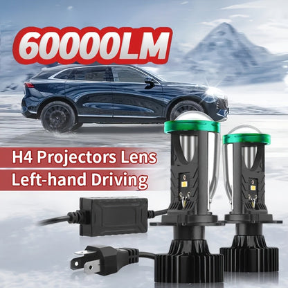 H4 LED Headlight Bulbs 2pcs 60000 Lumens 420W 3570 CSP Chip Projection Lens 6000K White High Low Beam 12-24V Ultra Bright Upgrade for Motor