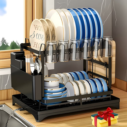 Dish Drying Rack with Drainboard in Gray, White, Black, Single-Layer and Seven-Cup Configurations
