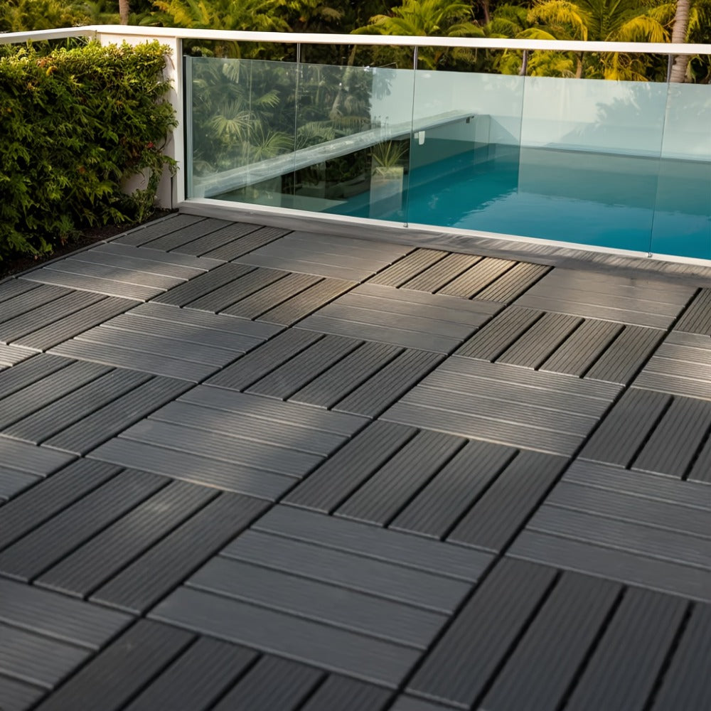 Gray 44-Piece Interlocking Deck Tile Set with 12-Inch Square Parallel-Slat Drainage Pattern