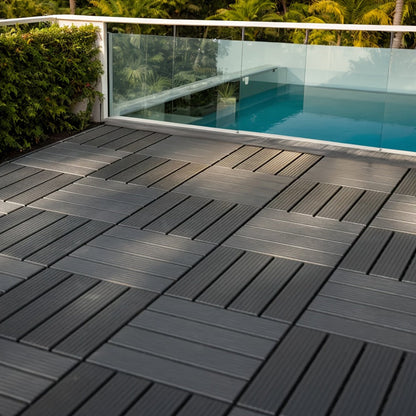 Gray 44-Piece Interlocking Deck Tile Set with 12-Inch Square Parallel-Slat Drainage Pattern