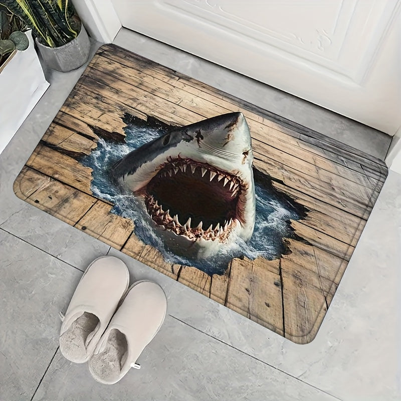 Shark Ocean Print Door Mat with Weathered Wood-Look Background in 40 x 60cm or 50 x 80cm Sizes