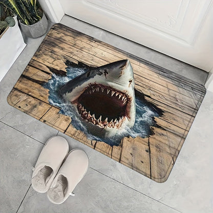 Shark Ocean Print Door Mat with Weathered Wood-Look Background in 40 x 60cm or 50 x 80cm Sizes