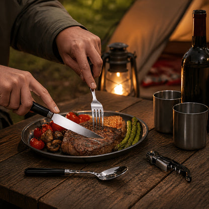 Camping Cookware Set, 10- or 27-Piece Stainless Steel Outdoor Utensil Kit with Knives, Flatware and Organizer Bag