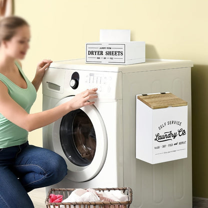 Magnetic Lint Holder & Dryer Sheet Dispenser 2-Pack, Farmhouse Wooden Lint Trash Can with Lid for Dryer