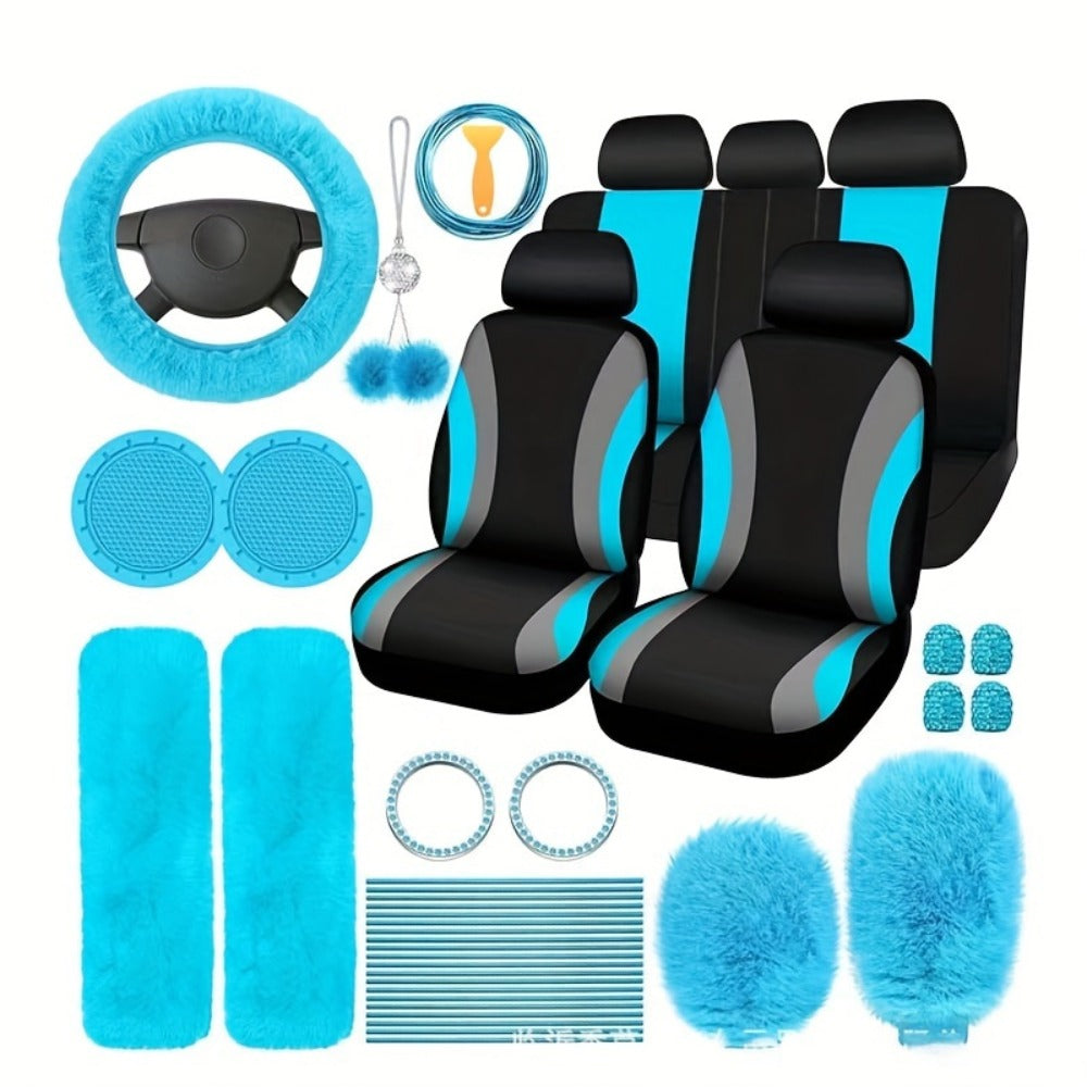 Car Interior Accessories Set for Women 45-Piece – Plush Steering Wheel Cover, Seat Cushion & Pendant, Universal Fit All Seasons