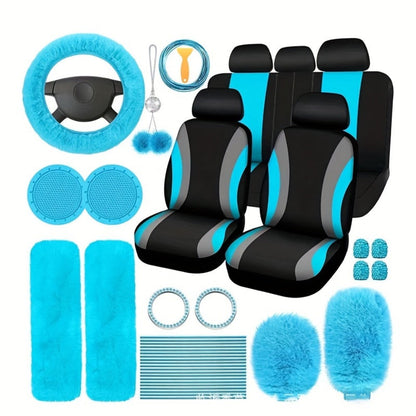 Car Interior Accessories Set for Women 45-Piece – Plush Steering Wheel Cover, Seat Cushion & Pendant, Universal Fit All Seasons