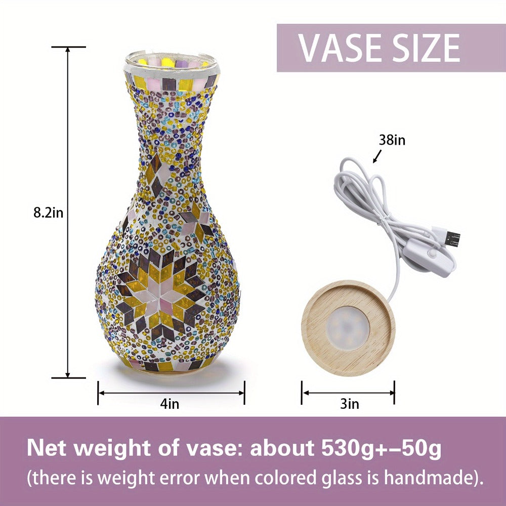 Mosaic Vase Lamp Turkish Moroccan Handmade Colorful Glass Table Lamp with Wooden Base, USB Plug-In Boho Night Light