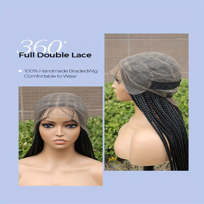 Extra-Long Natural Black Braided Wig with Full Lace Cap and 40-Inch Straight Box Braids for Styling