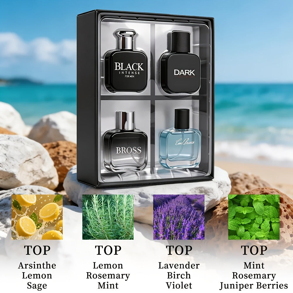 Perfume Gift Set for Men with Four 30ml Eau de Parfum Sprays in Black Box and Separate 1.5oz Body Mist