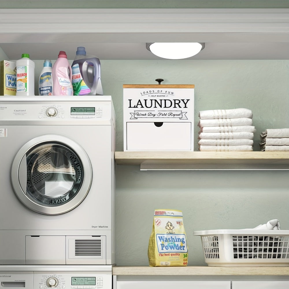 Dryer Sheet Holder with Drawer & Lid, Farmhouse Wood Laundry Pod Dispenser, Wall Mount or Countertop Organizer for Laundry Room Storage