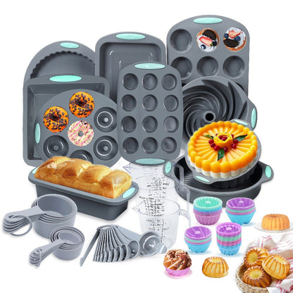 Silicone Bakeware Set with Cake Molds, Muffin Pan, Donut Pan, Baking Sheet, Baking Cups & Measuring Cups Spoons