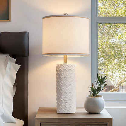 Table Lamp with Ceramic Textured Base, Drum Shade, 9W LED Bulb, Five Colors and Three Color Temperatures