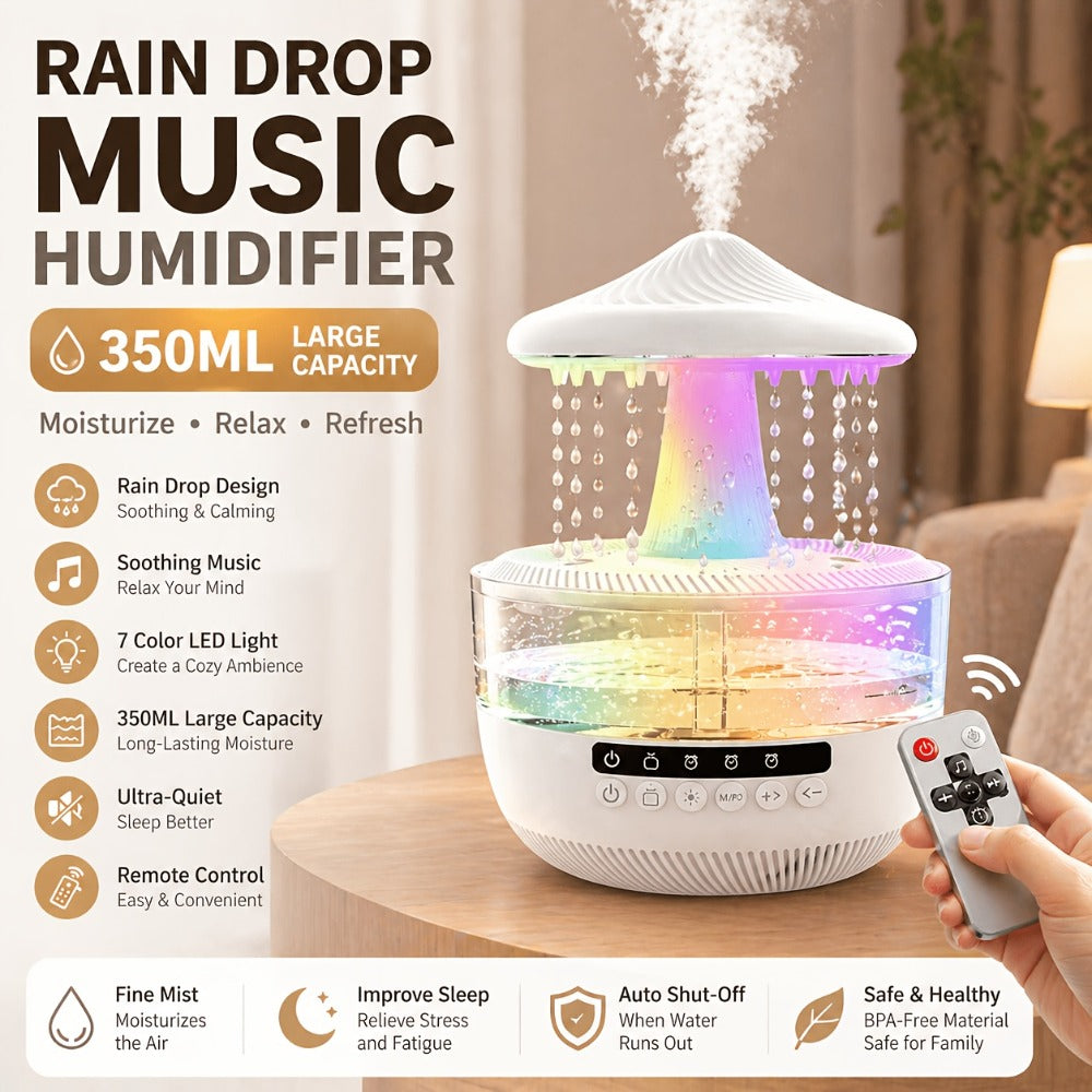 Humidifier 350ml Raindrop Music Design with Color LED, Bluetooth Speaker, Remote and USB Power