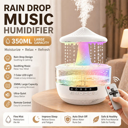 Humidifier 350ml Raindrop Music Design with Color LED, Bluetooth Speaker, Remote and USB Power