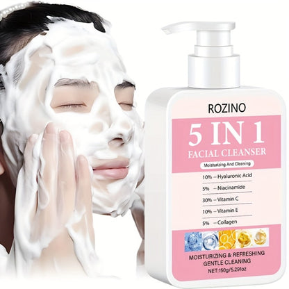 Brightening Face Wash 5-in-1 with Hyaluronic Acid Niacinamide Vitamin C Vitamin E & Collagen – Rich Foam Deep Cleansing Moisturizing Glow