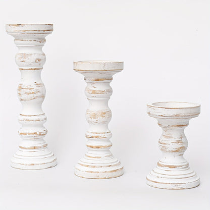 Wood Pillar Candle Holder Set of Three with Turned Pedestal Profiles, 16cm, 23cm and 30cm Heights in Three Finishes