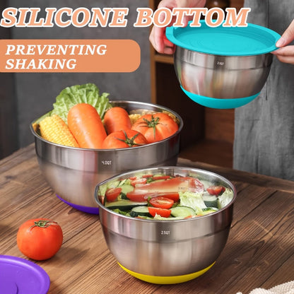 Mixing Bowls Set with Airtight Lids, 26pcs Stainless Steel Bowl Set with 3 Grater Attachments, Bottoms