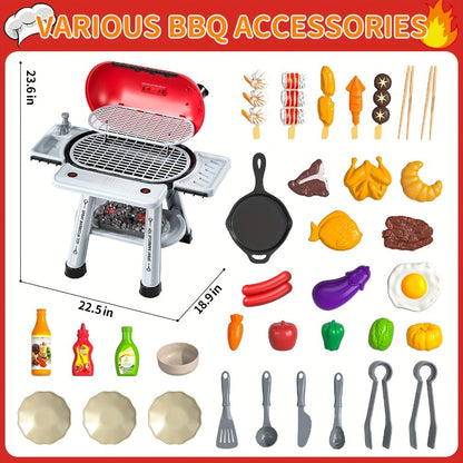 Kids BBQ Grill Playset Two-Tier with Toy Food Meats Fruits Spices & Working Water Tap for Grilling, Camping and Outdoor Meals