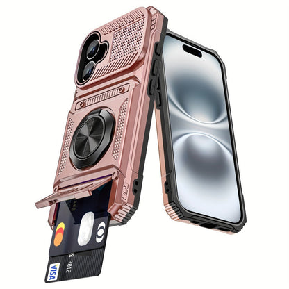Phone Case Dual-Card Hard Shell Cover with 360-Degree Ring Kickstand for Select iPhone 14, 16 and 17 Models