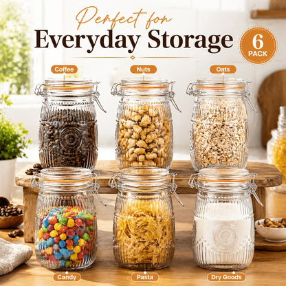 Mason Jars 6-Pack, 32 oz Wide-Mouth Glass Canisters with Hinged Lids and Sunflower Pattern for Coffee, Sugar, Beans and Spices