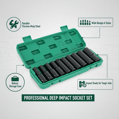1/2 Inch Deep Impact Socket Set – Chrome Vanadium Steel for Tire Removal, Mechanical Repairs & Car Maintenance | Compatible with Electric