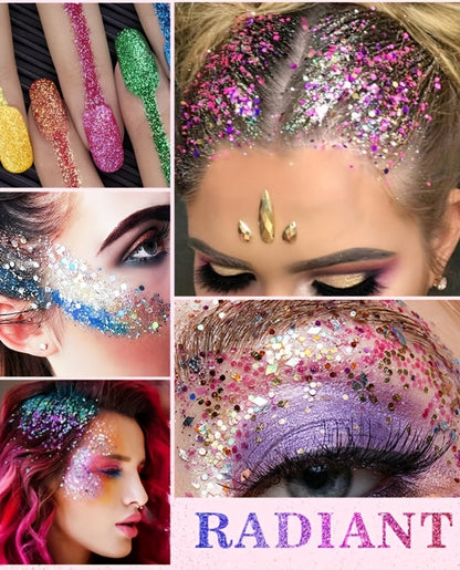 Face Body Glitter Gel Set 30 Pieces – Colorful Shapes Mermaid Sequin Stars Hearts, Transparent Gel Base, Skin-Safe Shimmer Makeup
