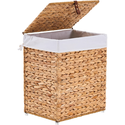 Laundry Basket with Lid & Handles – Handwoven Water Hyacinth Wicker Hamper, Removable Cotton Liner