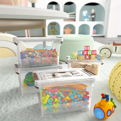 Six-Pack 3.5-Quart Clear Storage Bin Set with Brown Latches, Lid Handles and Stackable Shape
