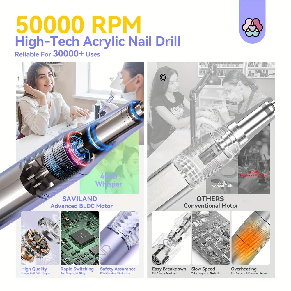 Electric Nail Drill SAVILAND Purple 50, 000 RPM Rechargeable E-File with Display, Forward-Reverse and Accessory Kit